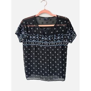 Gryphon New York Black and Blue 100% Silk Beaded Short Sleeve Top Small